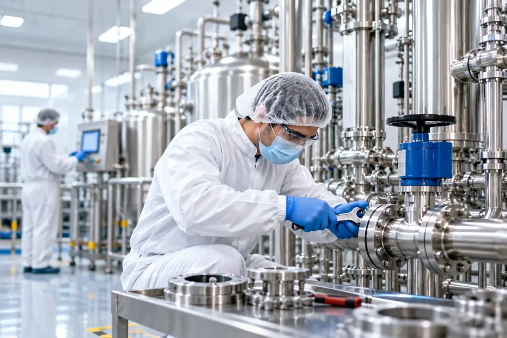 Maintenance technician inspecting a stainless steel pipe flange and valve assembly in a pharmaceutical cleanroom.