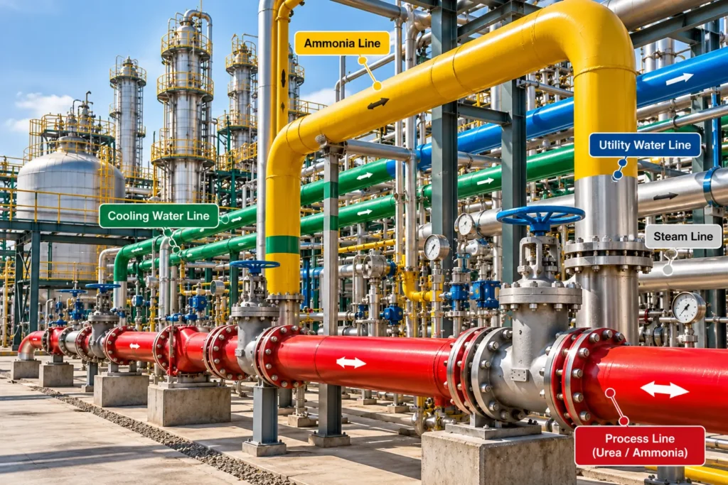 Industrial chemical plant with stainless steel process piping, flanges, valves and pressure gauges connected to processing vessels.
