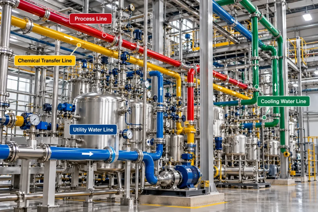 Fertilizer manufacturing plant featuring industrial steel pipelines, flanged connections, valves and chemical processing equipment.