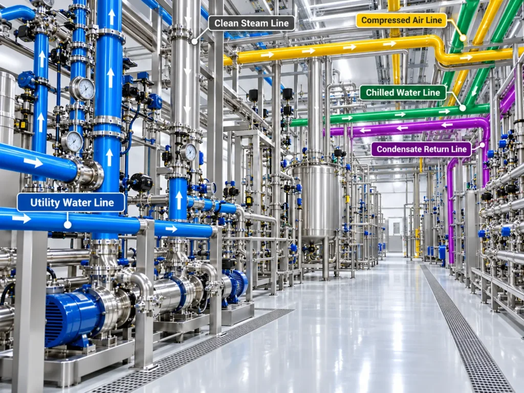 Colour-coded industrial utility piping systems for water, steam, compressed air and condensate return in a processing facility.