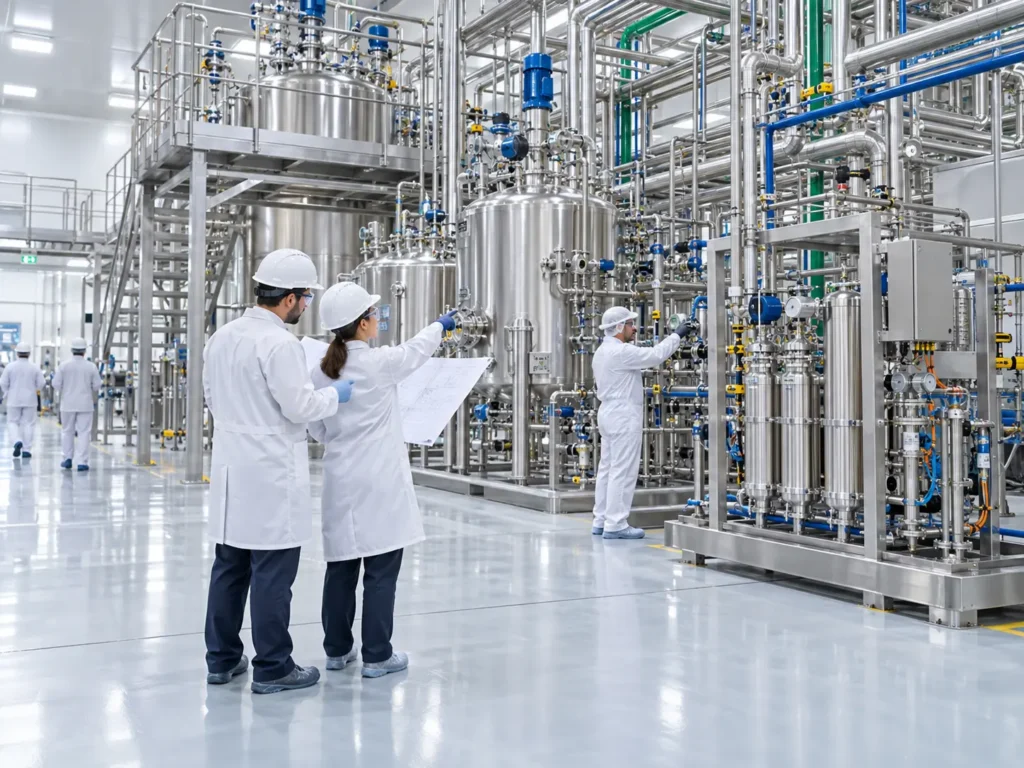Engineers inspecting newly installed stainless steel piping systems, processing vessels and equipment during a pharmaceutical plant expansion project.