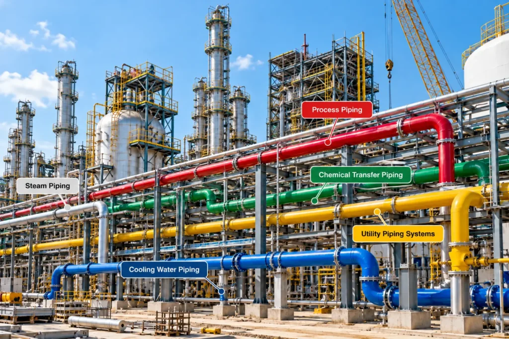 Chemical and fertilizer plant expansion featuring new industrial piping networks, steel structures, process equipment and utility pipelines.