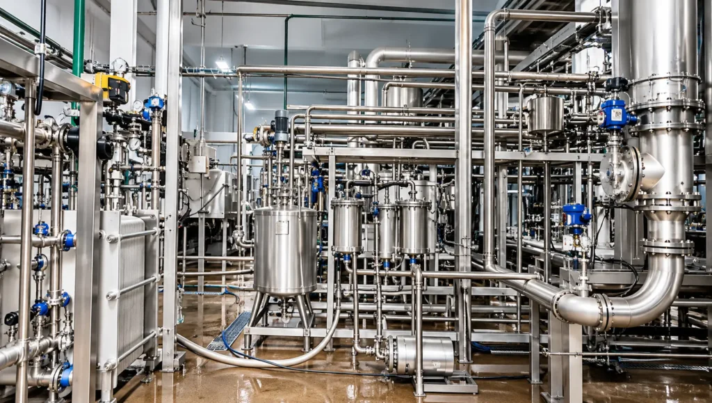 Stainless steel pipelines, processing vessels and industrial piping infrastructure inside a pharmaceutical production facility.