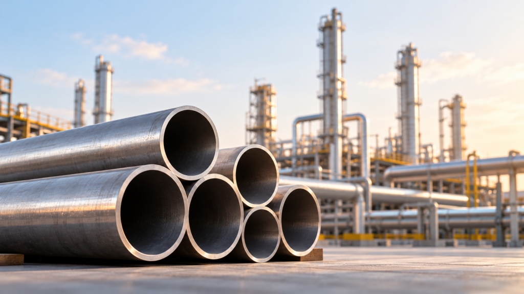 Alloy steel pipes stacked in the foreground of an industrial refinery, highlighting piping materials for high-temperature and high-pressure applications.